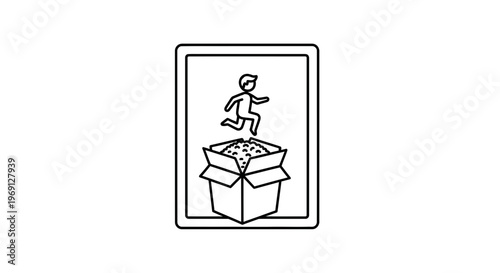Monochromatic illustration of a figure skillfully leaping over a carton filled with small objects