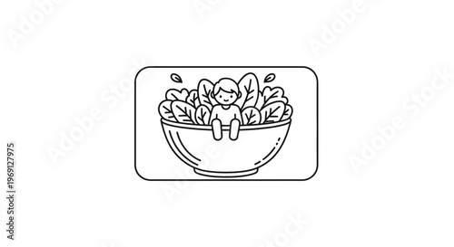 Minimalist outline illustration of a happy child enjoying a bowl full of fresh leafy green salad