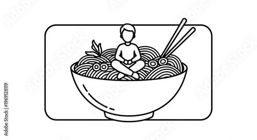 Mindful eating illustration: a person finds peace amidst a bowl of delicious Asian noodles