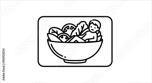 Whimsical illustration of a person relaxing comfortably inside a fresh vegetable salad bowl