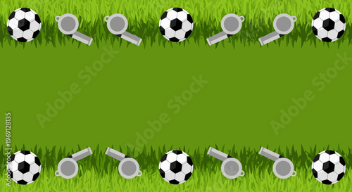 Soccer Football Border With Whistles on Green Grass Background