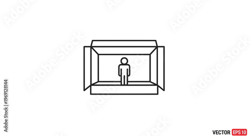 Minimalist line art illustration depicting a human figure standing within an open cubic container