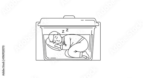 Vector line drawing of an individual peacefully sleeping curled up inside a clear rectangular