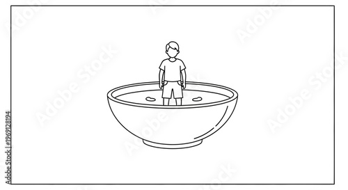 Contained individual within a large bowl, minimalist outline art concept showcasing confinement or