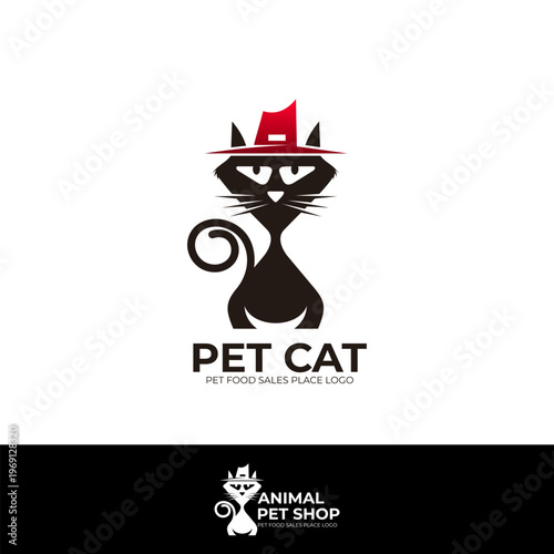 pet logo with cat symbol wearing hat, pet shop logo and animal clinic