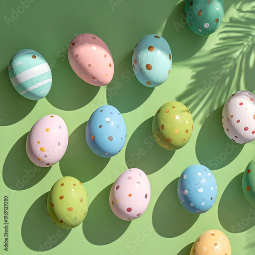 Wallpaper Mural Pastel Easter Eggs on Green Background with Palm Leaf Shadow. Torontodigital.ca