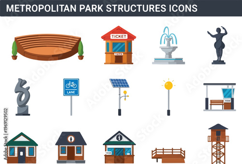 Metropolitan Park Structures Icons Set for Urban Design and Recreation