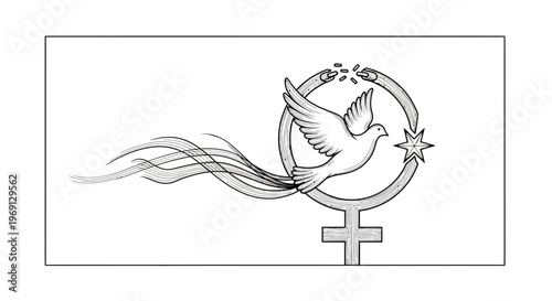 Symbolic illustration of peace dove flying through a transforming female emblem representing