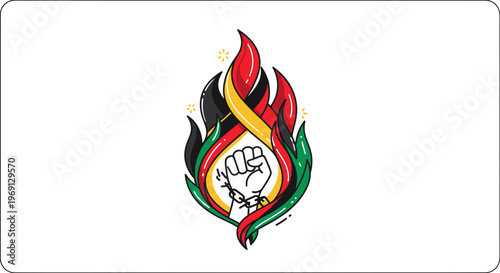 Powerful symbol of freedom and unity with an uplifted fist surrounded by vibrant protest flame