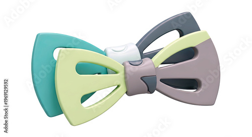 Three overlapping bow ties in pastel green, teal, and grey