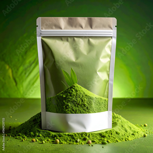 Wallpaper Mural Vibrant Green Matcha Powder in Sealed Packaging for Culinary Use. Torontodigital.ca