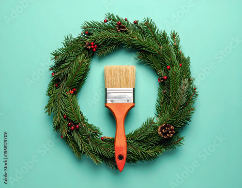 Wallpaper Mural Festive Painting - A Christmas Wreath and Paintbrush Composition. Torontodigital.ca