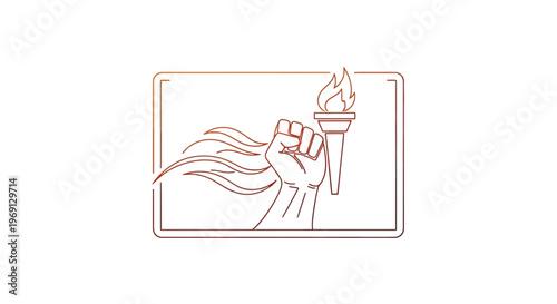 Line art illustration of a powerful clenched fist holding a burning torch, symbolizing strength