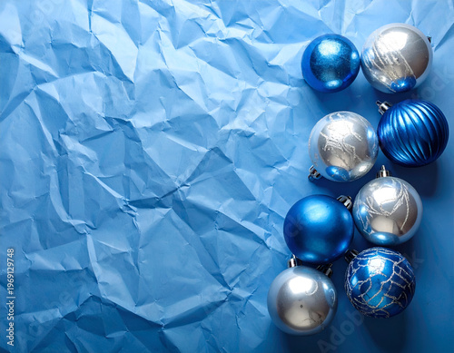 Wallpaper Mural Festive Blue Christmas Ornaments on Wrinkled Paper Background. Torontodigital.ca