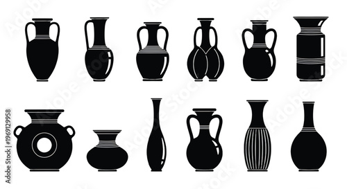 Assorted traditional ceramic vases and jars in black and white illustration style