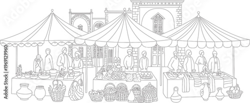 Detailed black and white vector of a traditional middle eastern bazaar market with shop stalls