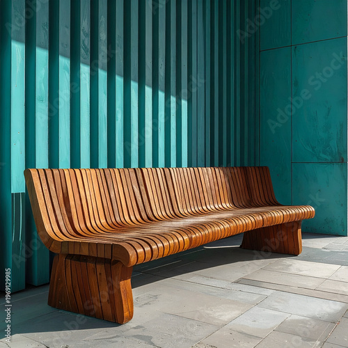 Wallpaper Mural Curved Wooden Bench Against Teal Wall in Sunlight. Torontodigital.ca
