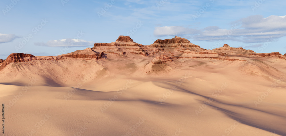 Fototapeta premium Vast Desert Sand Dunes With Red Rock Mesas Under Blue Sky — 3D Rendering Landscape Scene