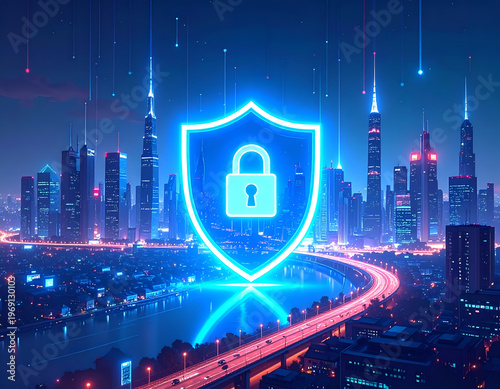 Wallpaper Mural Cybersecurity Shield Protecting Smart City Network Infrastructure. Torontodigital.ca