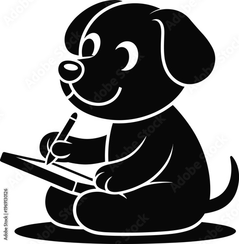 Cute cartoon dog drawing with stylus silhouette