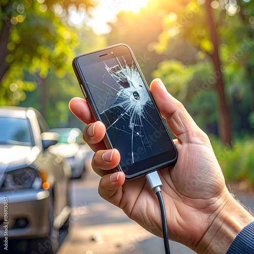 Wallpaper Mural Hand holding a cracked smartphone with a charging cable outdoors. Torontodigital.ca