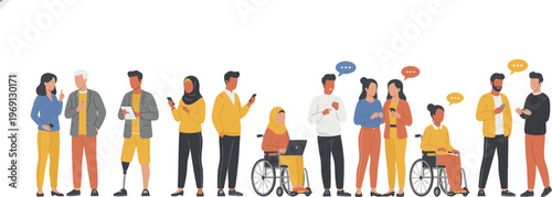 Diverse people with disabilities using technology and communicating together now