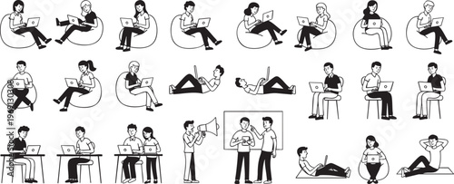 Diverse People Working on Laptops Illustration Collection