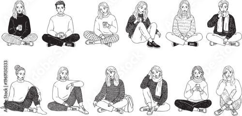Group of diverse people sitting in cozy winter outfits hand drawn line art style