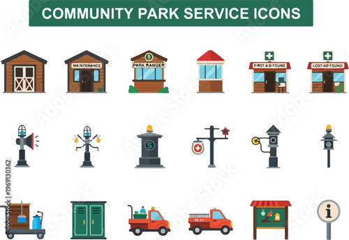 Collection of Community Park Service Icons Representing Various Amenities and Functions