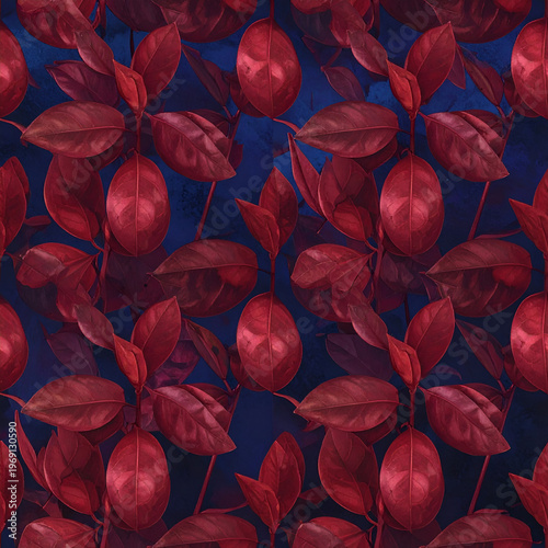 Wallpaper Mural Deep Red Foliage Pattern on Dark Blue Background. Torontodigital.ca
