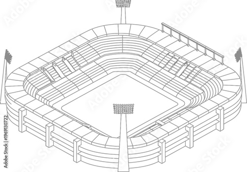 White line art illustration of a professional sports stadium arena with seating and floodlights