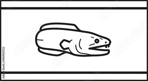 Minimalist black and white line drawing of a fierce deep-sea eel-like creature with sharp teeth