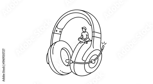 Digital tranquility: small figure finds solace atop oversized gaming headset for enhanced sonic