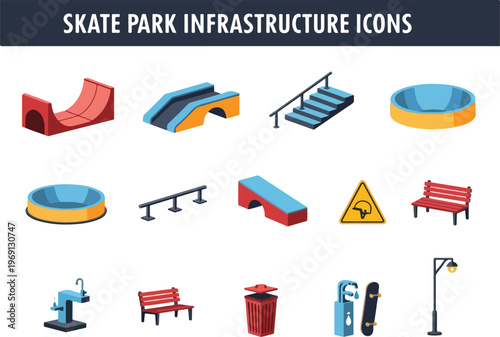 Skate park infrastructure icons ramps, rails, stairs, benches, bins, and lampposts for outdoor urban sports design