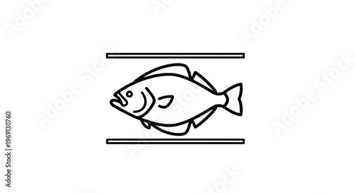 Stylized fish icon with prominent fins within two horizontal frame lines, suitable for clean and
