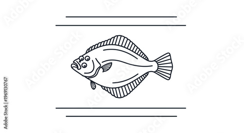 Stylized black line art depiction of a unique flatfish, a classic marine creature illustration