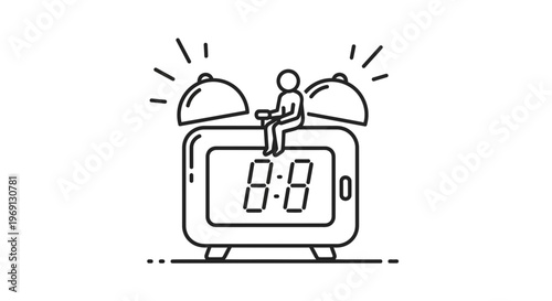 Minimalist icon of a person sitting atop a ringing alarm clock symbolizing time management and