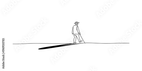 A minimalist black and white line drawing of a man walking with a cane and casting a long shadow Vector, illustration