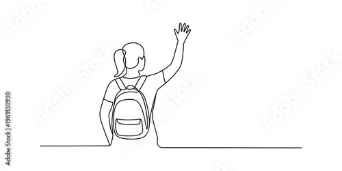 Continuous line drawing of a female student with a backpack waving her hand to say goodbye now. Vector, illustration
