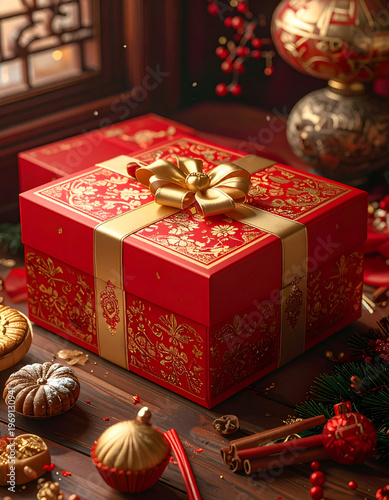 Wallpaper Mural Festive Red Gift Box with Golden Accents for Celebrations. Torontodigital.ca