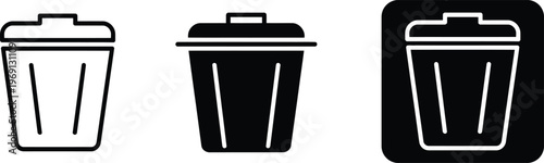 Three trash can in black and white garbage waste