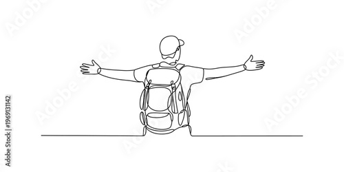 A continuous line drawing of a happy traveler with a backpack standing with arms spread wide open Vector, illustration