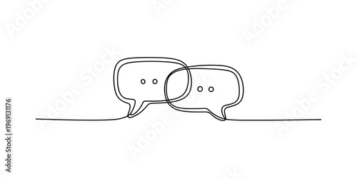 A minimalist single line drawing of two connected speech bubbles representing communication icons. Vector, illustration