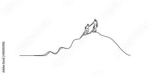 Minimalist one line drawing of two people helping each other reach the peak of a mountain top Vector, illustration