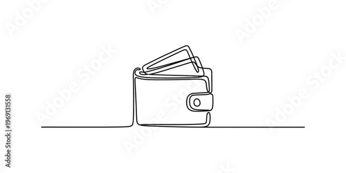 A single continuous line drawing of a leather wallet with currency notes tucked inside the pocket. Vector, illustration