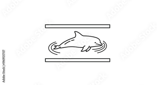 Elegant minimalist line art icon of a graceful swimming dolphin creating gentle ripples
