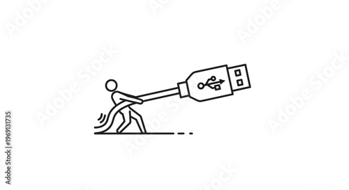 A determined stick figure pulls a massive USB cable, symbolizing challenges in digital connections