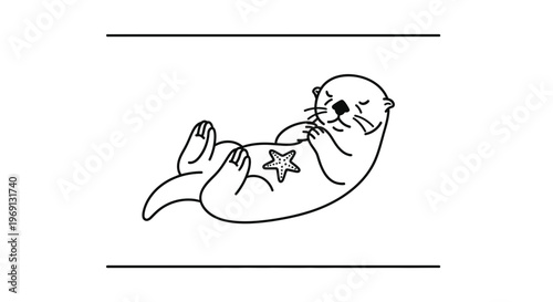 Charming minimalist outline of a relaxed otter floating on its back holding a starfish