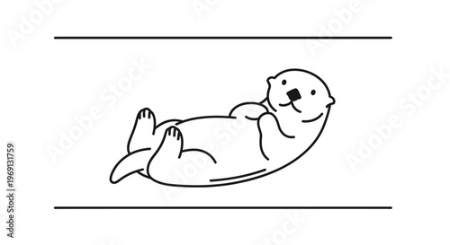Charming minimalist line art illustration of a happy otter floating peacefully on its back