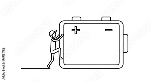 Stick figure actively engaging with a large vehicle battery seeking power or connection